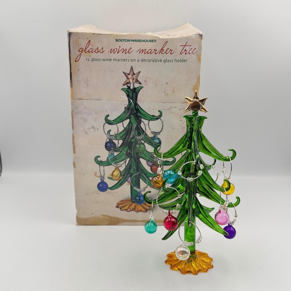 Boston Warehouse Glass Wine Marker Tree 12 Charms Green Christmas Holiday Set